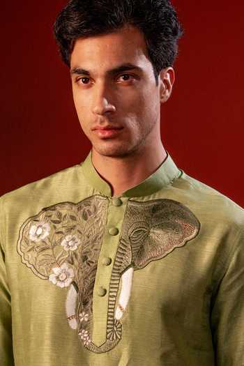 Shop_Hilo Design_Green Silk Nishant Thread Embroidered Kurta _Online_at_Aza_Fashions