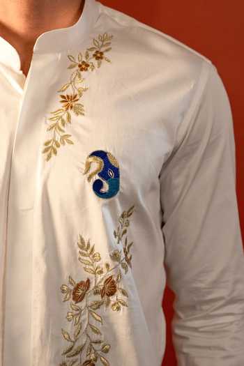 Shop_Hilo Design_White Cotton Gunina Thread Embroidered Shirt _Online_at_Aza_Fashions