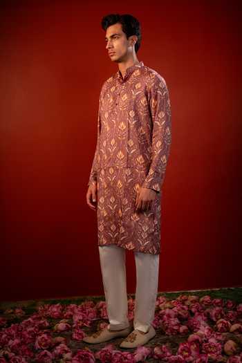 Hilo Design_Purple Silk Amaya Printed Kurta _Online_at_Aza_Fashions
