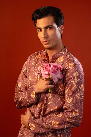 Shop_Hilo Design_Purple Silk Amaya Printed Kurta _Online_at_Aza_Fashions