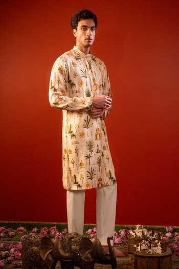 Buy_Hilo Design_Cream Silk Varun Printed Kurta _Online_at_Aza_Fashions