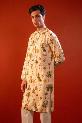 Shop_Hilo Design_Cream Silk Varun Printed Kurta _Online_at_Aza_Fashions