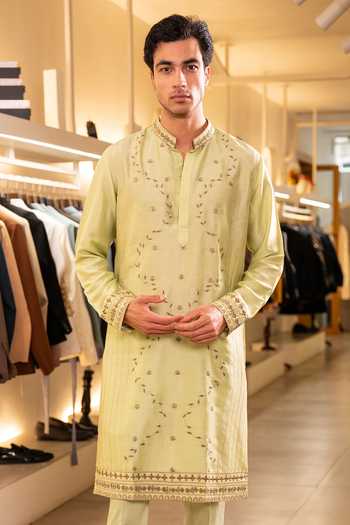 Hilo Design_Green Silk Omara Embroidered Kurta _Online_at_Aza_Fashions