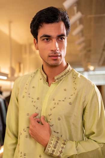 Buy_Hilo Design_Green Silk Omara Embroidered Kurta _Online_at_Aza_Fashions
