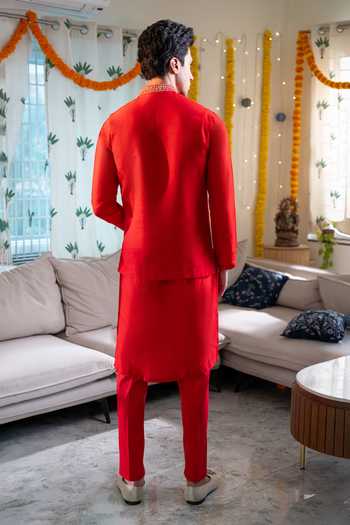 Hilo Design Rangrez Falling Raw Silk Nehru Jacket With Kurta 