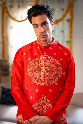 Shop_Hilo Design_Gold Silk Rangrez Falling Raw Nehru Jacket With Kurta _Online_at_Aza_Fashions