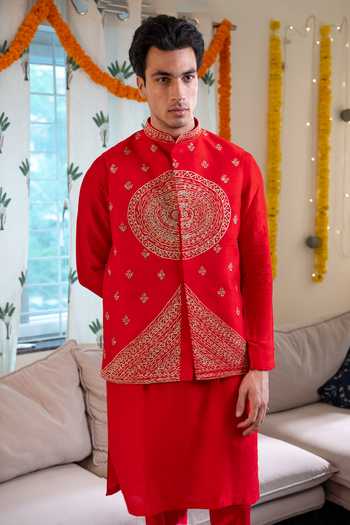 Hilo Design Rangrez Falling Raw Silk Nehru Jacket With Kurta 