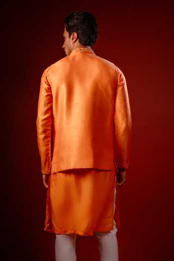 Hilo Design Dhew Orange Embroidered Nehru Jacket With Kurta 