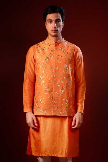 Hilo Design Orange Silk Dhew Embroidered Nehru Jacket With Kurta Online at Aza Fashions Hilo Design_Orange Silk Dhew Embroidered Nehru Jacket With Kurta _Online_at_Aza_Fashions