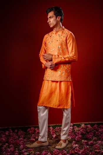 Buy Hilo Design Orange Silk Dhew Embroidered Nehru Jacket With Kurta Online at Aza Fashions Buy_Hilo Design_Orange Silk Dhew Embroidered Nehru Jacket With Kurta _Online_at_Aza_Fashions