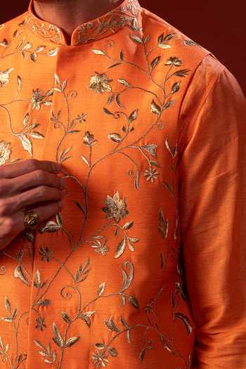 Shop Hilo Design Orange Silk Dhew Embroidered Nehru Jacket With Kurta Online at Aza Fashions Shop_Hilo Design_Orange Silk Dhew Embroidered Nehru Jacket With Kurta _Online_at_Aza_Fashions