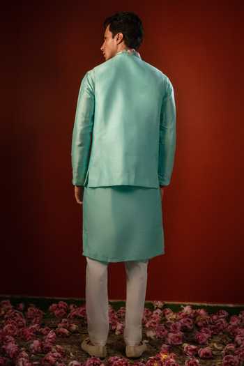 Hilo Design Sharav Aqua Blue Embroidered Nehru Jacket With Kurta 