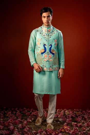 Hilo Design Sharav Aqua Blue Embroidered Nehru Jacket With Kurta 