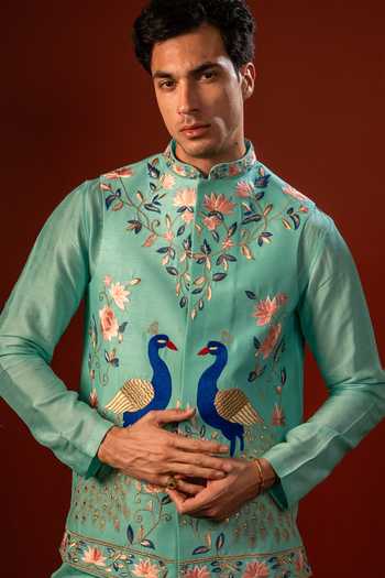 Hilo Design_Blue Silk Sharav Aqua Embroidered Nehru Jacket With Kurta _Online_at_Aza_Fashions