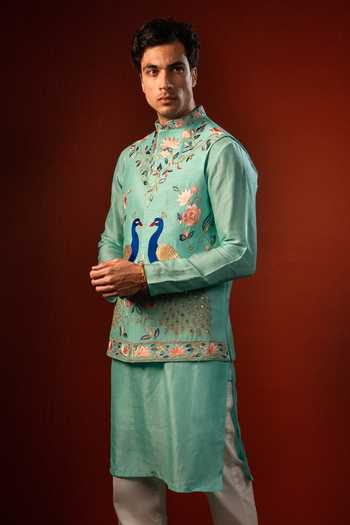 Buy_Hilo Design_Blue Silk Sharav Aqua Embroidered Nehru Jacket With Kurta _Online_at_Aza_Fashions