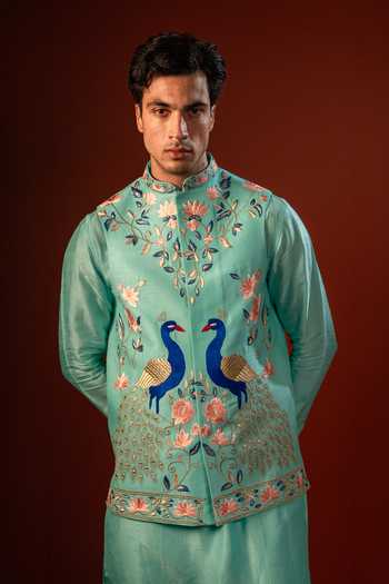 Shop_Hilo Design_Blue Silk Sharav Aqua Embroidered Nehru Jacket With Kurta _Online_at_Aza_Fashions