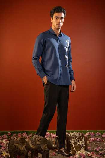 Hilo Design_Blue Cotton Nocturne Embroidered Shirt _Online_at_Aza_Fashions