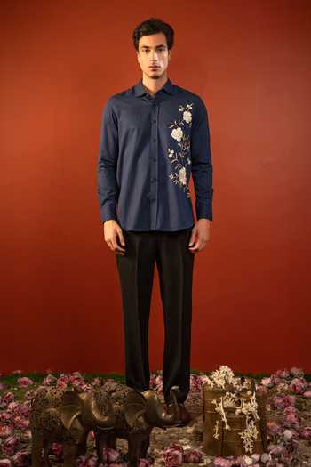 Buy_Hilo Design_Blue Cotton Nocturne Embroidered Shirt _Online_at_Aza_Fashions