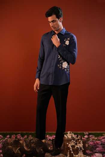 Shop_Hilo Design_Blue Cotton Nocturne Embroidered Shirt _Online_at_Aza_Fashions