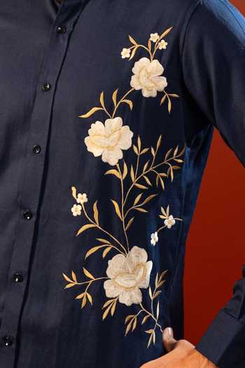 Hilo Design_Blue Cotton Nocturne Embroidered Shirt _at_Aza_Fashions