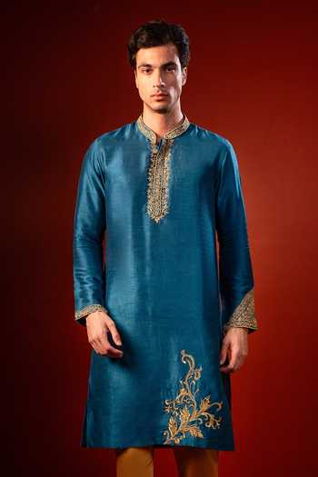 Hilo Design_Blue Silk Manjari Embroidered Kurta _Online_at_Aza_Fashions