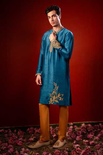 Buy_Hilo Design_Blue Silk Manjari Embroidered Kurta _Online_at_Aza_Fashions