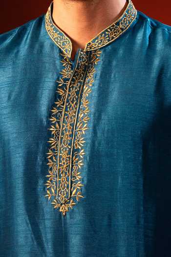 Shop_Hilo Design_Blue Silk Manjari Embroidered Kurta _Online_at_Aza_Fashions