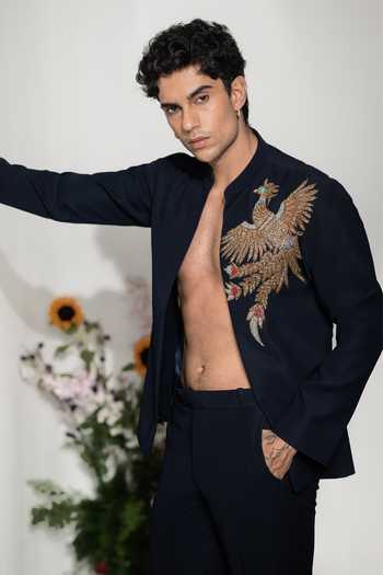 Hilo Design Blue Phoenix Navy Embroidered Shacket Online at Aza Fashions Hilo Design_Blue Phoenix Navy Embroidered Shacket _Online_at_Aza_Fashions