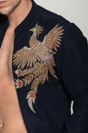 Shop Hilo Design Blue Phoenix Navy Embroidered Shacket Online at Aza Fashions Shop_Hilo Design_Blue Phoenix Navy Embroidered Shacket _Online_at_Aza_Fashions