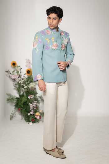 Hilo Design Blue Embroidery Swan Thread Bandhgala Set at Aza Fashions Hilo Design_Blue Embroidery Swan Thread Bandhgala Set _at_Aza_Fashions