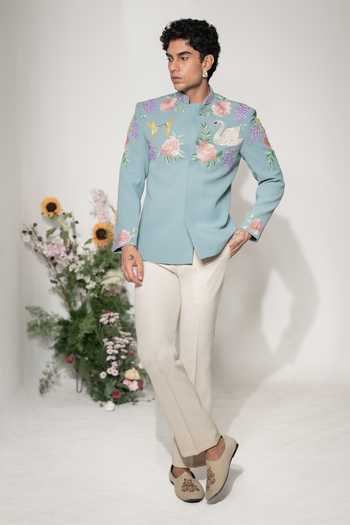 Hilo Design Swan Thread Embroidered Bandhgala Set 