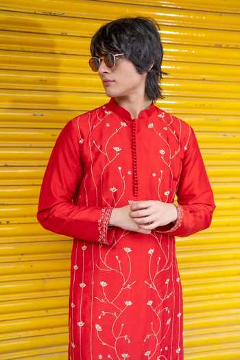 Hilo Design Red Silk Gulmohar Embroidered Kurta Online at Aza Fashions Hilo Design_Red Silk Gulmohar Embroidered Kurta _Online_at_Aza_Fashions