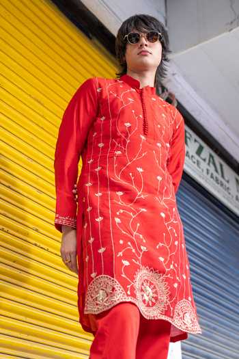 Shop Hilo Design Red Silk Gulmohar Embroidered Kurta Online at Aza Fashions Shop_Hilo Design_Red Silk Gulmohar Embroidered Kurta _Online_at_Aza_Fashions