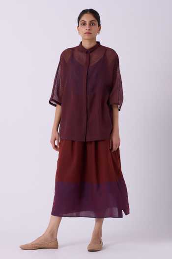 The Summer House Wine Silk, Cotton Collared Neck Zuri Blue Checkered Handwoven Top Online at Aza Fashions The Summer House_Wine Silk, Cotton Collared Neck Zuri Blue Checkered Handwoven Top _Online_at_Aza_Fashions