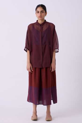 Buy The Summer House Wine Silk, Cotton Collared Neck Zuri Blue Checkered Handwoven Top Online at Aza Fashions Buy_The Summer House_Wine Silk, Cotton Collared Neck Zuri Blue Checkered Handwoven Top _Online_at_Aza_Fashions