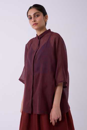 Shop The Summer House Wine Silk, Cotton Collared Neck Zuri Blue Checkered Handwoven Top Online at Aza Fashions Shop_The Summer House_Wine Silk, Cotton Collared Neck Zuri Blue Checkered Handwoven Top _Online_at_Aza_Fashions