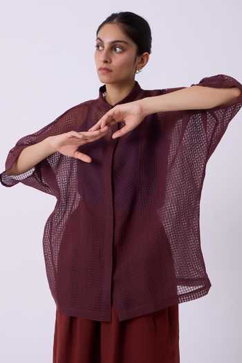 The Summer House Wine Silk, Cotton Collared Neck Zuri Blue Checkered Handwoven Top at Aza Fashions The Summer House_Wine Silk, Cotton Collared Neck Zuri Blue Checkered Handwoven Top _at_Aza_Fashions