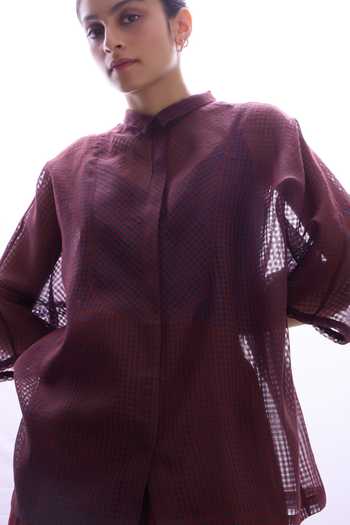 Buy The Summer House Wine Silk, Cotton Collared Neck Zuri Blue Checkered Handwoven Top Buy_The Summer House_Wine Silk, Cotton Collared Neck Zuri Blue Checkered Handwoven Top