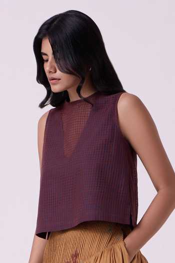 The Summer House Blue Silk, Cotton Boat Neck Ori Checkered Handwoven Top Online at Aza Fashions The Summer House_Blue Silk, Cotton Boat Neck Ori Checkered Handwoven Top _Online_at_Aza_Fashions