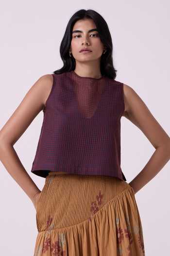 The Summer House Ori Blue Checkered Handwoven Top