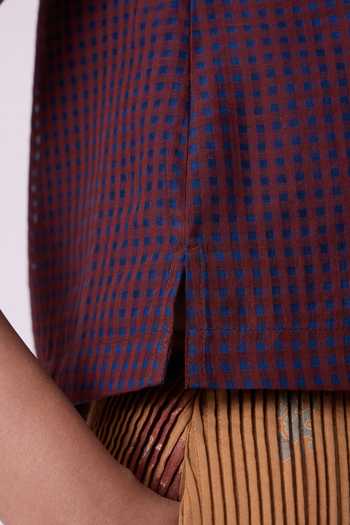 Shop The Summer House Blue Silk, Cotton Boat Neck Ori Checkered Handwoven Top Online at Aza Fashions Shop_The Summer House_Blue Silk, Cotton Boat Neck Ori Checkered Handwoven Top _Online_at_Aza_Fashions