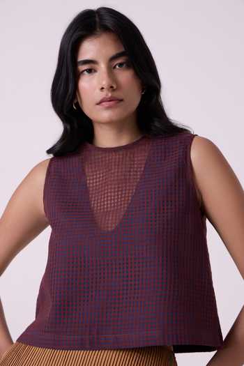 Buy The Summer House Blue Silk, Cotton Boat Neck Ori Checkered Handwoven Top Buy_The Summer House_Blue Silk, Cotton Boat Neck Ori Checkered Handwoven Top