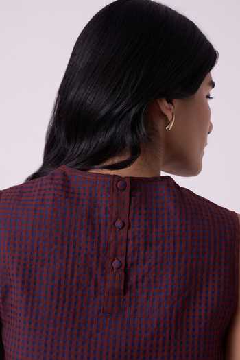 Shop The Summer House Blue Silk, Cotton Boat Neck Ori Checkered Handwoven Top Shop_The Summer House_Blue Silk, Cotton Boat Neck Ori Checkered Handwoven Top