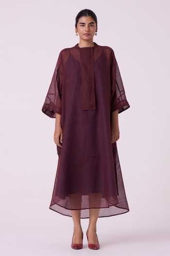 The Summer House Blue Silk, Cotton Mandarin Collar Fosco Checkered Handwoven Dress Online at Aza Fashions The Summer House_Blue Silk, Cotton Mandarin Collar Fosco Checkered Handwoven Dress _Online_at_Aza_Fashions