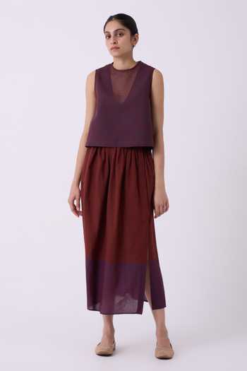 The Summer House Brown Cotton Fuwari Colourblocked Handwoven Midi Skirt at Aza Fashions The Summer House_Brown Cotton Fuwari Colourblocked Handwoven Midi Skirt _at_Aza_Fashions