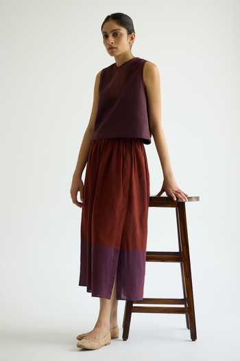 Buy The Summer House Brown Cotton Fuwari Colourblocked Handwoven Midi Skirt Buy_The Summer House_Brown Cotton Fuwari Colourblocked Handwoven Midi Skirt
