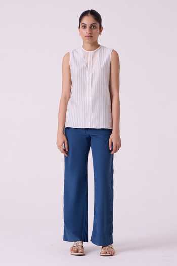 The Summer House Off White Cotton, Chanderi Split V-neck Sora Striped Handwoven Top Online at Aza Fashions The Summer House_Off White Cotton, Chanderi Split V-neck Sora Striped Handwoven Top _Online_at_Aza_Fashions