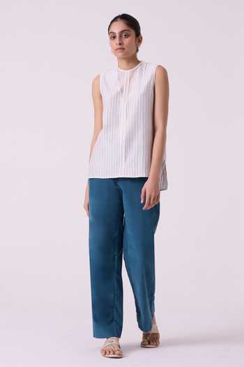 Buy The Summer House Off White Cotton, Chanderi Split V-neck Sora Striped Handwoven Top Online at Aza Fashions Buy_The Summer House_Off White Cotton, Chanderi Split V-neck Sora Striped Handwoven Top _Online_at_Aza_Fashions