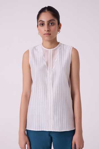 Shop The Summer House Off White Cotton, Chanderi Split V-neck Sora Striped Handwoven Top Online at Aza Fashions Shop_The Summer House_Off White Cotton, Chanderi Split V-neck Sora Striped Handwoven Top _Online_at_Aza_Fashions