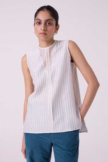 The Summer House Off White Cotton, Chanderi Split V-neck Sora Striped Handwoven Top at Aza Fashions The Summer House_Off White Cotton, Chanderi Split V-neck Sora Striped Handwoven Top _at_Aza_Fashions